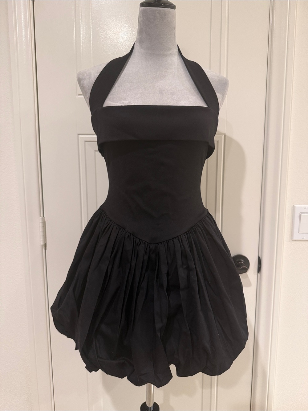 Classic Black Halter Bubble Hem Mini Dress